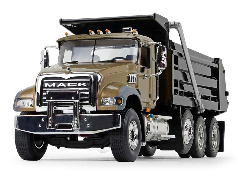 MODELO ESCALA 1/34 Mack Granite MP Dump Truck in Gold and Black  Construction. - camion volqueta (VOLTEO)