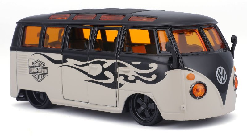 MODELO ESCALA 1/24 Harley-Davidson - Volkswagen Samba Van in Black and Grey with Harley-Davidson Graphics