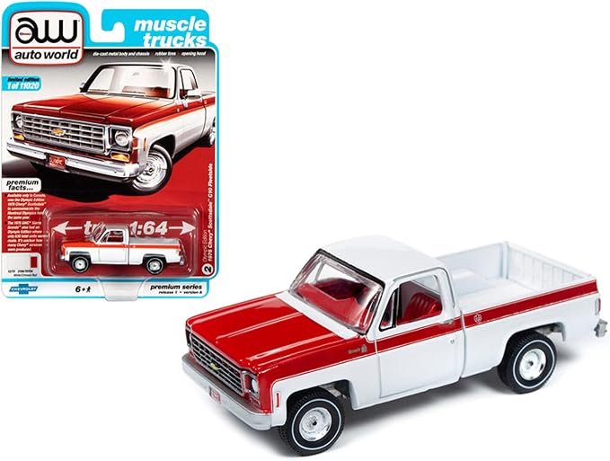 1/64 Auto World 1976 Chevrolet Scottsdale C10 Fleetside Pickup Truck "Olympic Edition" (White & Red) Diecast Car Model