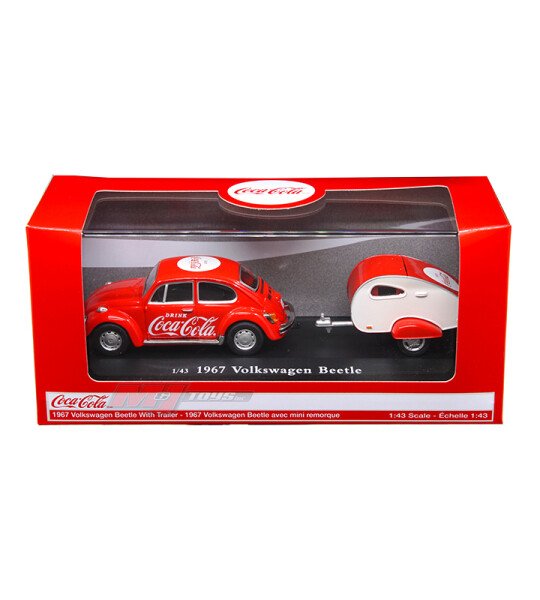 Motor City Classics 1:43 Coca-Cola Volkswagen Beetle with Teardrop Trailer – Red