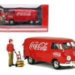 Motor City Classics 1:24 1963 Coca-Cola Volkswagen Type 2 T1 Cargo Van With New Delivery Driver Figurine, Handcart and 2 Bottle Cases - microbus