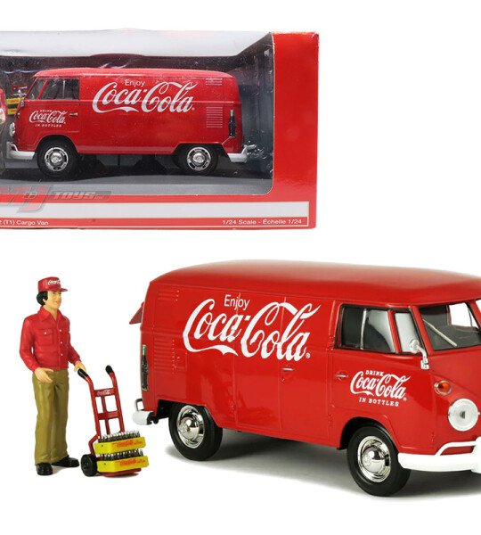 Motor City Classics 1:24 1963 Coca-Cola Volkswagen Type 2 T1 Cargo Van With New Delivery Driver Figurine, Handcart and 2 Bottle Cases - microbus