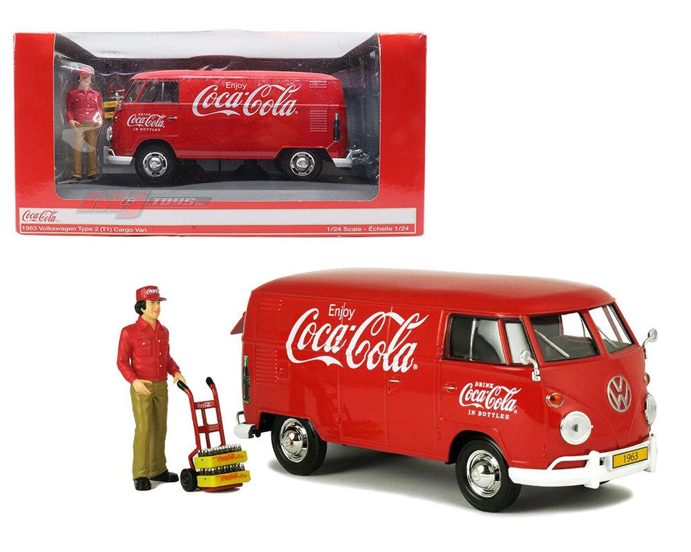 Motor City Classics 1:24 1963 Coca-Cola Volkswagen Type 2 T1 Cargo Van With New Delivery Driver Figurine, Handcart and 2 Bottle Cases - microbus
