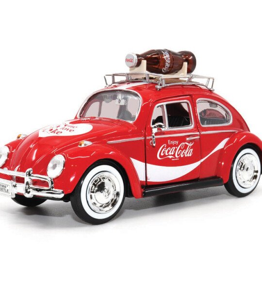 1966 VW Beetle with Bottle on Top Rack 1:24 Scale Diecast Model Car by Motor City Classics - coca cola