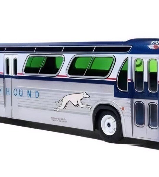 1963 GM Transit Bus: Greyhound Bus Lines 1:43 ABS Plastic Bus Model by Iconic Replicas