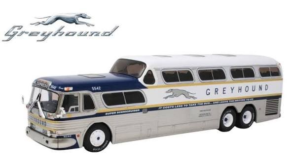 GM Scenicruiser Coach: Greyhound Bus Lines - 50th Anniversary Gold Stripe Livery 1:43 ABS Plastic Bus Model by Iconic Replicas