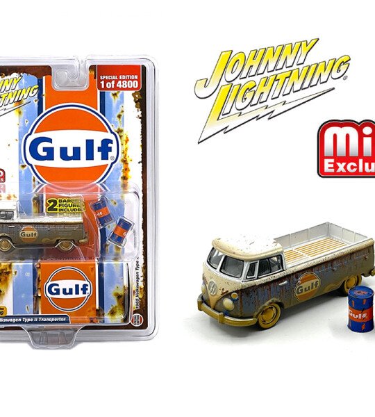 Johnny Lightning 1:64 1965 Volkswagen Type 2 Transporter GULF With 2 GULF Barrels Limited 4,800 Pieces – Mijo Exclusives MICROBUS