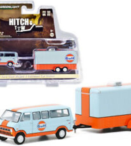 MODELO ESCALA 1/64 Gulf Oil - 1972 Ford Club Wagon with Enclosed Car Hauler