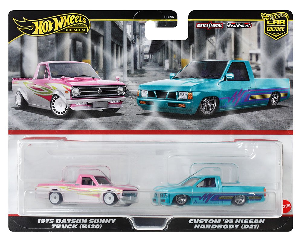 Hot Wheels 1:64 Car Culture Premium 2 pack Set 1975 Datsun Sunny Truck (B120) & Custom 93 Nissan Hardbody (D21)