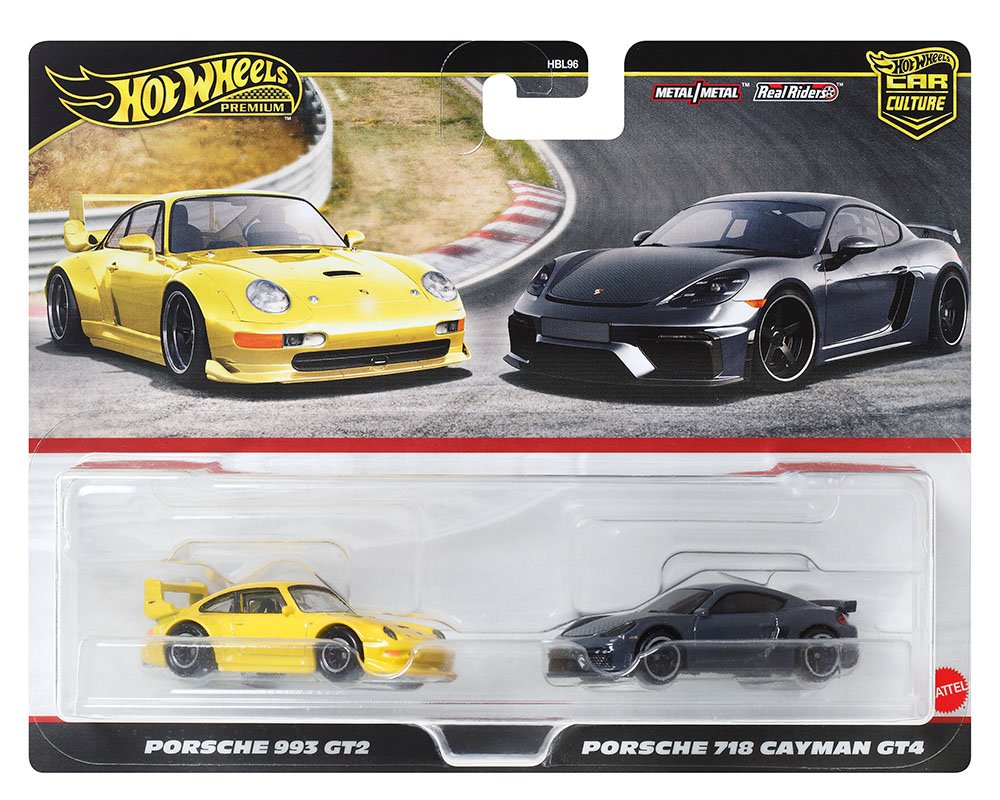 Hot Wheels 1:64 Car Culture Premium 2 pack Set Porsche 993 GT2 & Porsche 718 Cayman GT4