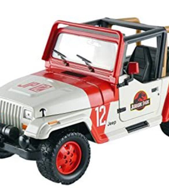 MODELO ESCALA 1/24 1992 Jeep Wrangler #12 White and Red "Jurassic World" Movie (2015) "Hollywood Rides" Series (MUNDO JURASICO)