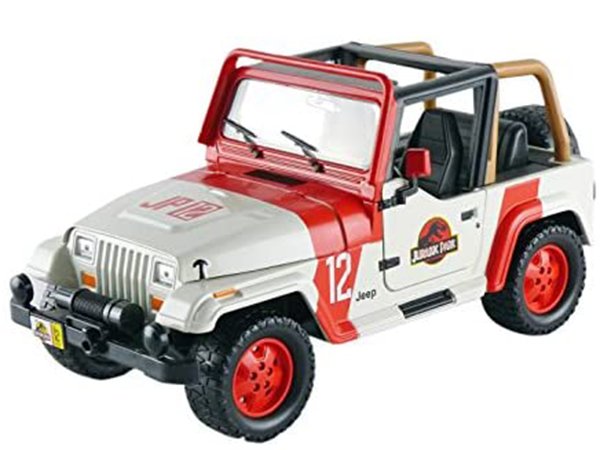 MODELO ESCALA 1/24 1992 Jeep Wrangler #12 White and Red "Jurassic World" Movie (2015) "Hollywood Rides" Series (MUNDO JURASICO)