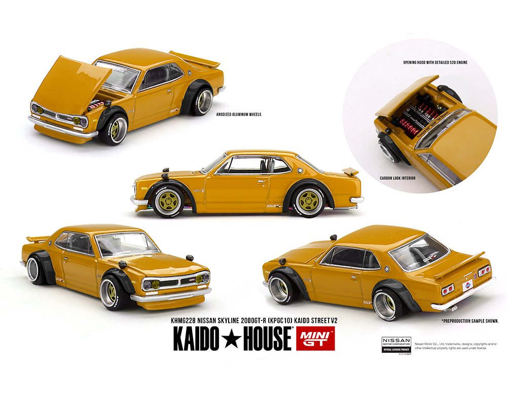 Kaido House x Mini GT 1:64 Nissan Skyline 2000 GT-R (KPGC10) Kaido Street V2 – Yellow