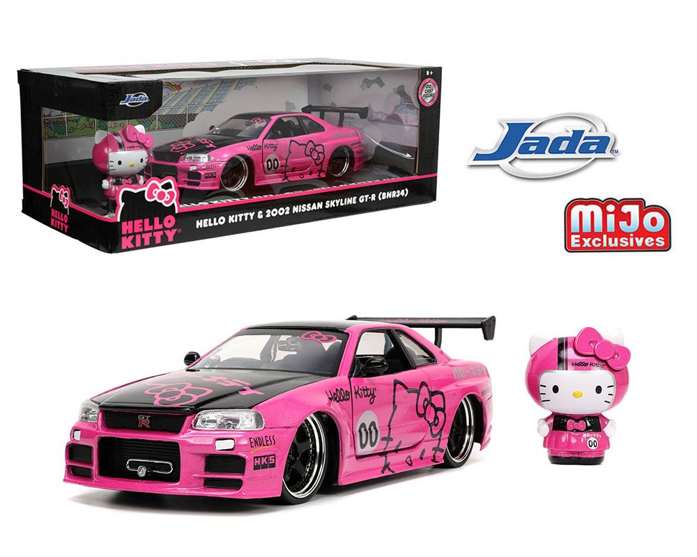 MODELO ESCALA 1:24 2002 Nissan Skyline GT-R (BRN34) New Black Wheels With Hello Kitty Figure LTD – Hello Kitty – Hollywood Rides – MiJo Exclusives