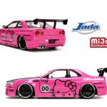 MODELO ESCALA 1:24 2002 Nissan Skyline GT-R (BRN34) New Black Wheels With Hello Kitty Figure LTD – Hello Kitty – Hollywood Rides – MiJo Exclusives