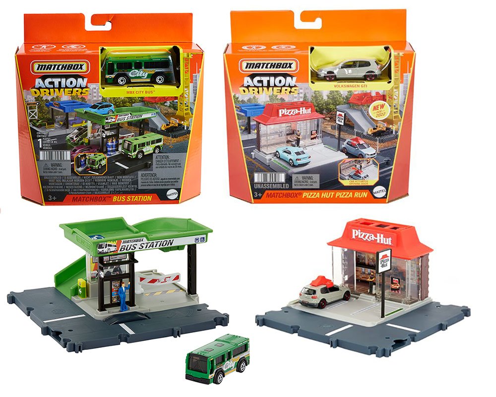 DIORAMA Matchbox 1:64 Action Drivers Assortment Bus Station With City Bus & Pizza Hut