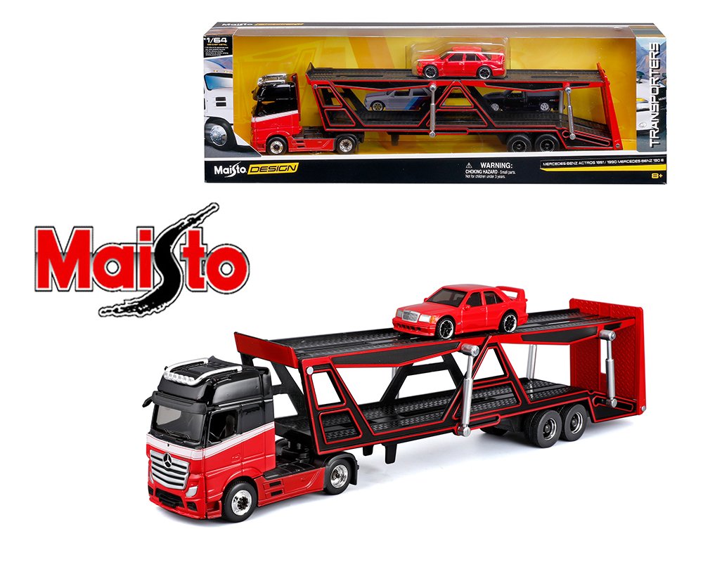 Maisto 1:64 Mercedes-Benz Actros / 1990 Mercedes-Benz 190E – Red – Design Transporters TACUAZINA