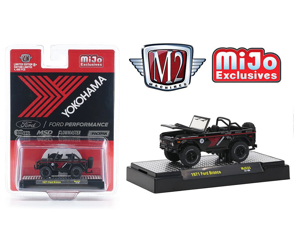 MODELO ESCALA 1/64 Auto Truck Mijo Exclusive 1971 Ford Bronco Off Road 4×4 Yokohama Racing