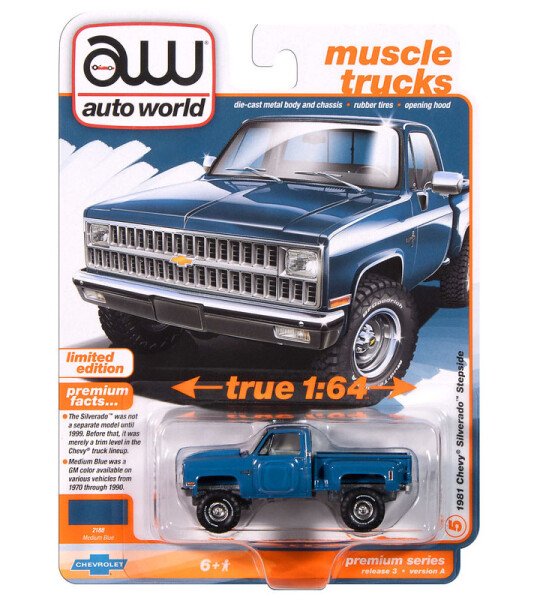 Auto World 1:64 1981 Chevrolet Silverado Stepside 10 4×4 – Medium Blue – Limited Edition