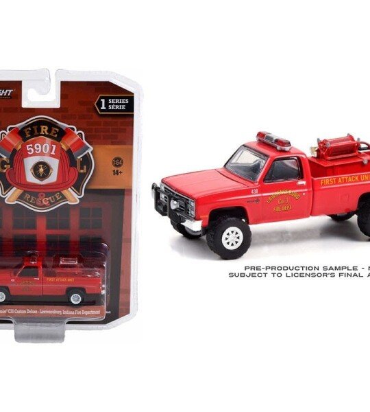 Greenlight 1:64 Fire & Rescue Series 1 – 1986 Chevrolet C20 Custom Deluxe – Lawrenceburg, Indiana Fire Department First Attack Unit with Fire Equipment, Hose and Tank