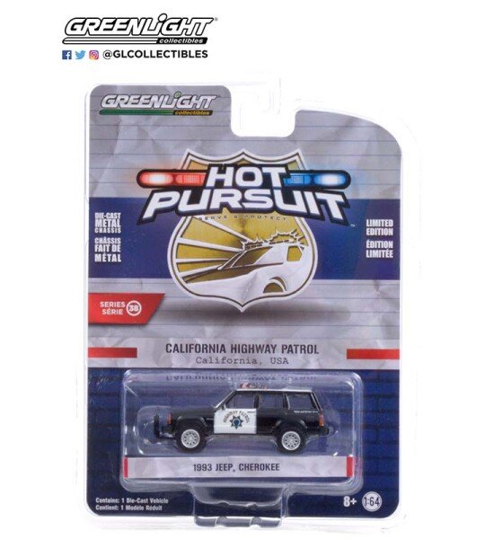 MODELO ESCALA 1:64 Hot Pursuit Series 38 1993 Jeep Cherokee (Black and White) California Highway Patrol (CHP)