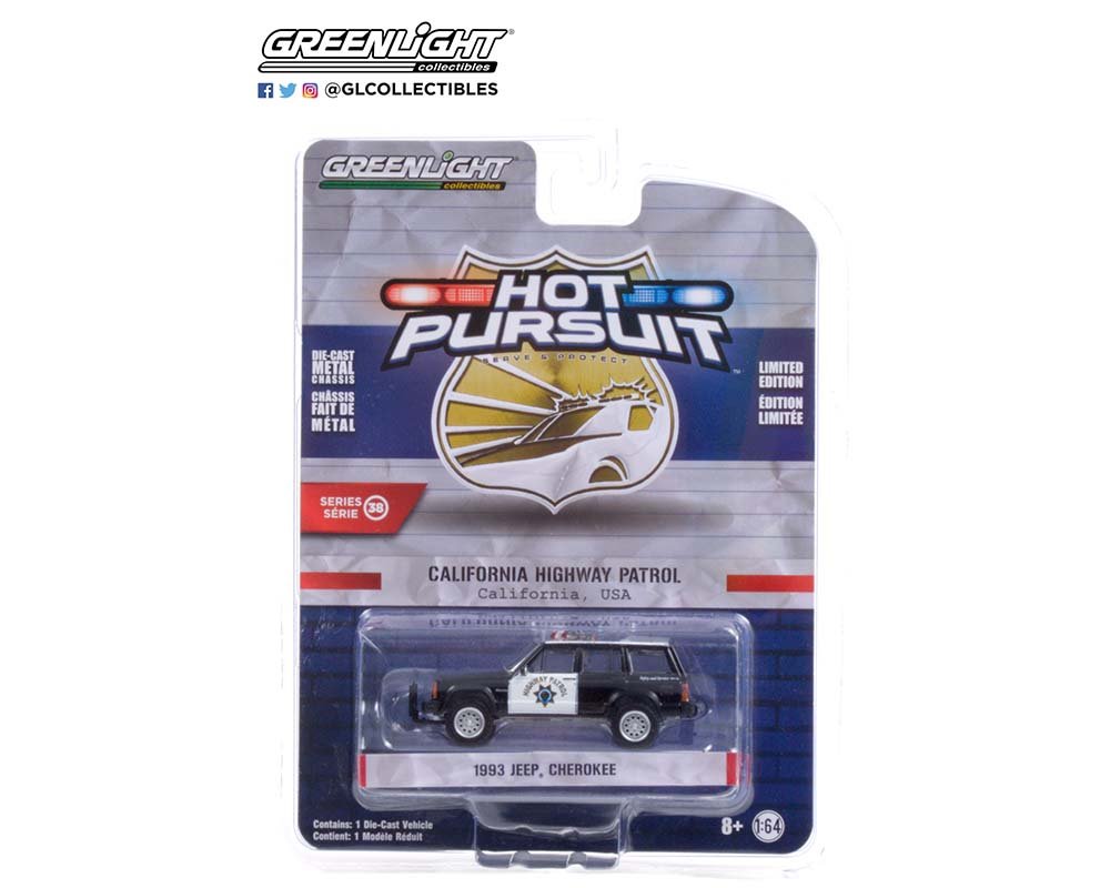 MODELO ESCALA 1:64 Hot Pursuit Series 38 1993 Jeep Cherokee (Black and White) California Highway Patrol (CHP)