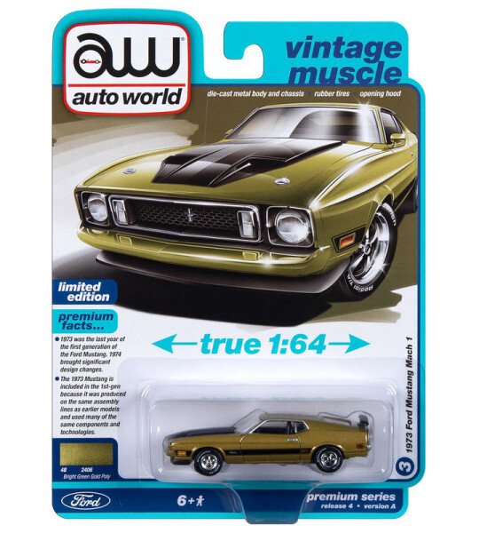 Auto World 1:64 1973 Ford Mustang Mach 1 – Bright Green Gold Poly – Premium 2023 Release 4 Version A Limited Edition