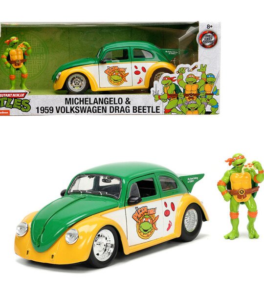 Jada 1:24 1959 Volkswagen Drag Beetle with Michelangelo Figure – Teenage Mutant Ninja Turtles (TMNT) – TORTUGA NINJA