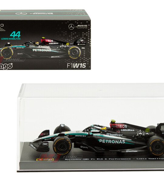 Bburago 1:43 AMG Petronas Formula 1 Team F1W15 #44 Lewis Hamilton in Acrylic Case with Seated Driver – Formula Racing - FORMULA 1