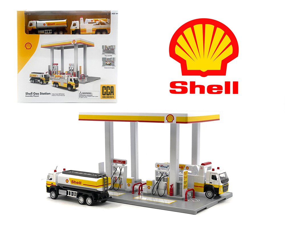 CCA 1:64 Shell Gas Station Playset with Volvo Oil Tanker & Volvo Tow Truck (9.75″ L x 5.5″ W x 5.5″ H) - GASOLINERA