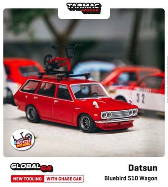 MODELO A ESCALA 1/64 DATSUN BLUEBIRD 510 WAGON RED WITH BIKE AND RACK GLOBAL 64 BY TARMAC WORKS